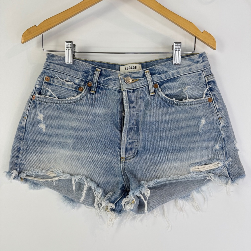 AGOLDE Parker Denim Shorts Womens 27 Light Blue Distressed Raw Hem A026-811